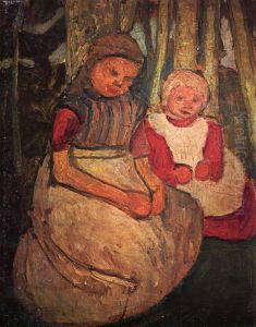 Zwei sitzende Madchen im Birkenwald / Zwei sitzende Madchen vor Birkenstammen by Paula Modersohn-Becker