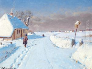 Solbeskinnet landevej i udkanten af en landsby, vinter (32 x 42 cm). by H. A. Brendekilde
