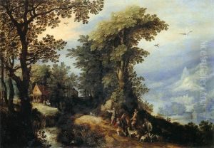 Forest landscape with hunters on a road and a view of a valley by Jan Brughel