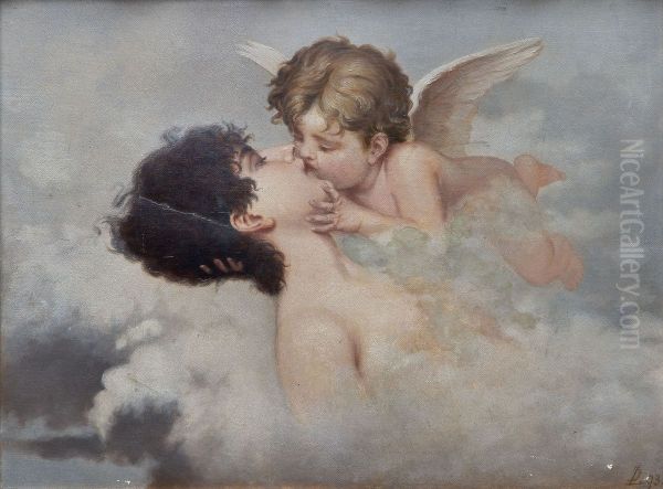 Ein eine in den Wolken schwebende Frau zartlich kussender Putto. - view 1