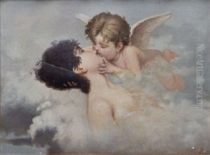 Ein eine in den Wolken schwebende Frau zartlich kussender Putto. by unknown