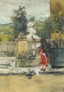 A girl feeding pigeons in front of a balustrade A girl feeding pigeons in front of a balustrade