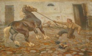 A horse startled by a rooster.