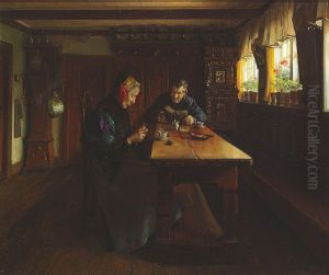 Interior with a man reading and a woman knitting. by Valdemar Kornerup