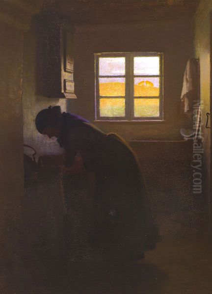 Kitchen interior with woman working. - view 1