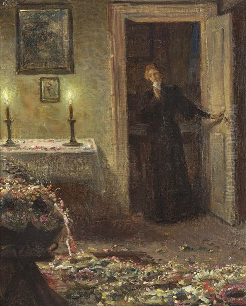 Silence. A room with a few lights on. The floor covered with wreaths. A young girl in mourning opens the door in the background. - view 1