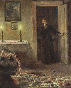Silence. A room with a few lights on. The floor covered with wreaths. A young girl in mourning opens the door in the background. by Valdemar Irminger