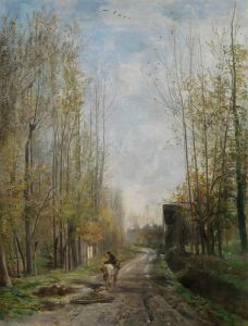 Paysan a cheval, tirant une herse, pres de Valmondois