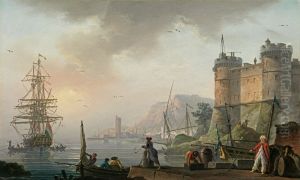 Levantine merchants on a quay below a castle, a Dutch man-of-war at anchor beyond