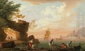 fishermen preparing their nets, a port and a Dutch man-of-war beyond by Charles Francois Grenier de Lacroix