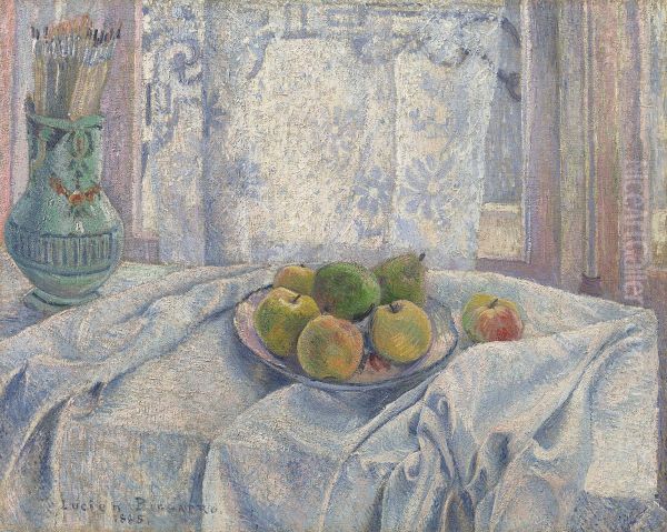 Apples on a tablecloth against a lace-curtained window - view 1