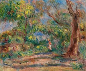 Paysage, allee de ferme avec femme en rouge et blanc