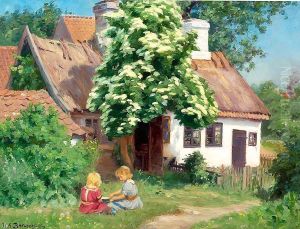 Children playing in front of a farmhouse. Children playing in front of a farmhouse.