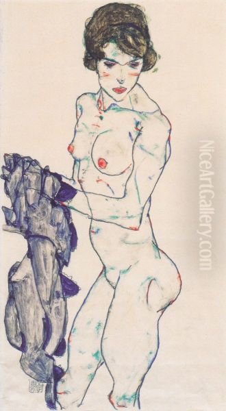Stehender weiblicher Akt mit blauem Tuch - view 1
