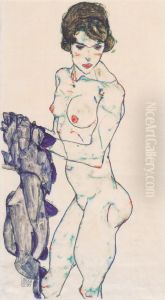 Stehender weiblicher Akt mit blauem Tuch