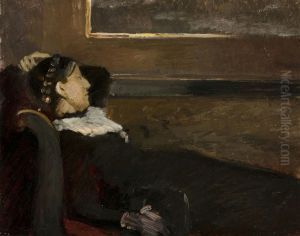 Anna Ancher hvilende i Brondums spisesal. by Michael Peter Ancher