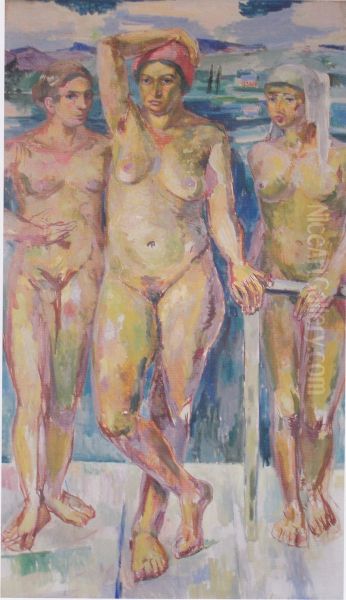 Three female nudes in front of a lake - view 1