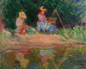 Blanche Monet malt mit ihrer Schwester Susanne am Rand des Wassers by Claude Oscar Monet