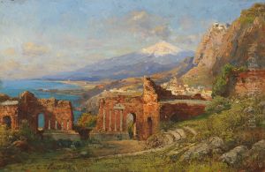 View from the ancient theater in Taormina to Mount Etna