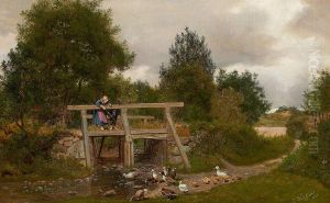 Children on a bridge watching ducks and ducklings. <da= Born pa en bro der betragter en flok aender med aellinger. by Carl Wurtzen