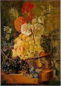 Flowers and a basket of fruit.