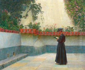 A priest in an Italian cloister. by Kristian Zahrtmann