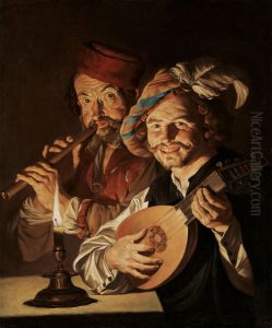 Luteplayer and fluteplayer by candlelight by Matthias Stom