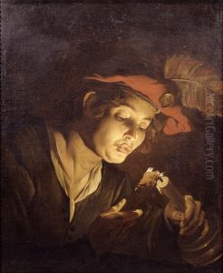 Boy lighting a candle from a wick by Matthias Stom