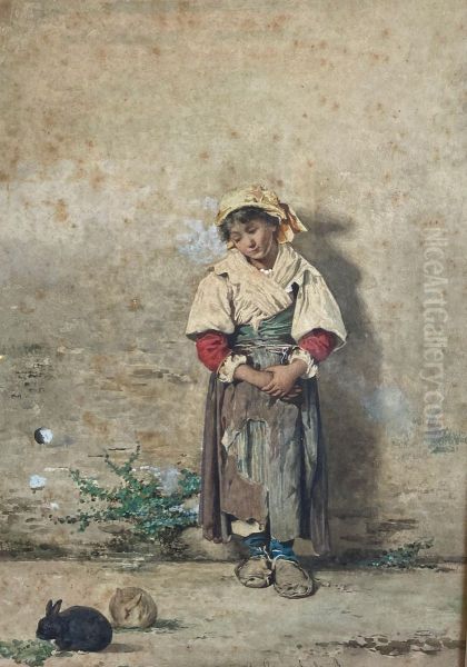 Roma peasant girl observing two rabbits - view 1