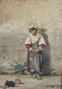 Roma peasant girl observing two rabbits by Guerrino Guardabassi
