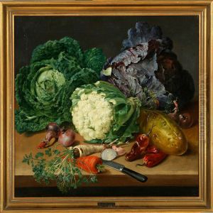A Still Life With Cabbage, Onions And Other Herbs On A Table by Johannes Ludwig Camradt
