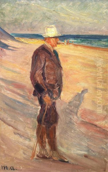 A man with a white hat and a stick at Skagen Beach. - view 1