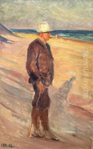 A man with a white hat and a stick at Skagen Beach. by Michael Peter Ancher