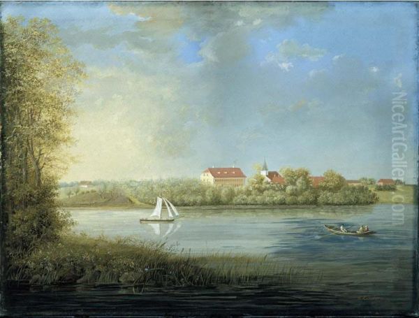 A Pair Of Danish Landscapes, One With Farm Buildings And A Windmill By A Lake, The Other With Boats On A River And A Monastery Behind - view 1