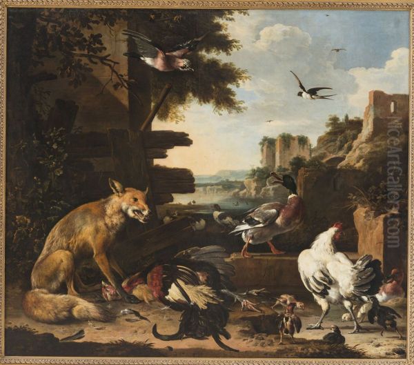 Vos met dode haan en pluimvee - view 1