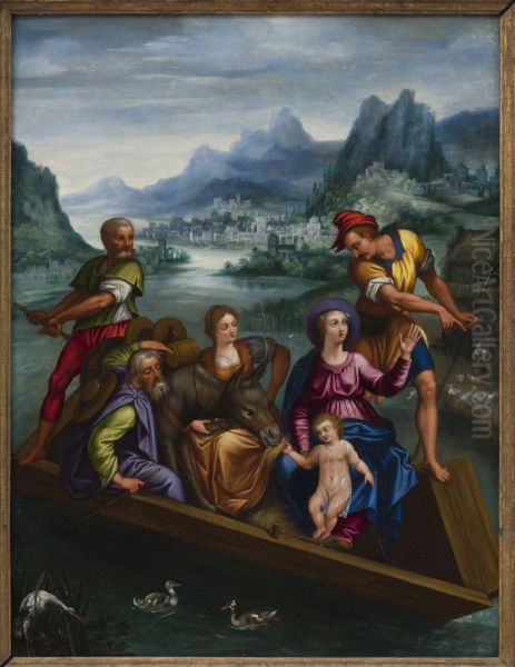 De heilige familie op een boot in een berglandschap - view 1