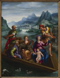 De heilige familie op een boot in een berglandschap