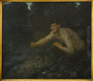 Faun hurkend bij een plas