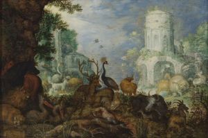 Landscape with Orpheus playing the violin;  trees and rocks move, beasts and birds are enchanted by Roelant Savery