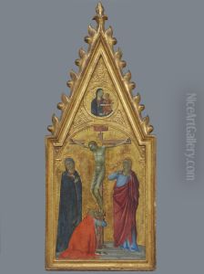 Kruisiging, met Madonna en kind in een medaillon by Andrea Vanni