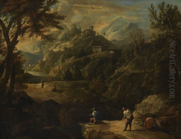 Berglandschap met burchtruine en vissers - view 1