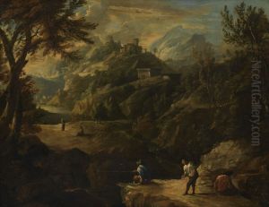 Berglandschap met burchtruine en vissers
