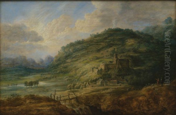 Heuvellandschap met waterval, vee en kasteel - view 1