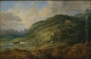 Heuvellandschap met waterval, vee en kasteel by Lucas Van Uden