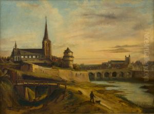 Gezicht op de St.Maartenskerk, kruittoren en de Maasbrug vanaf de noordzijde
