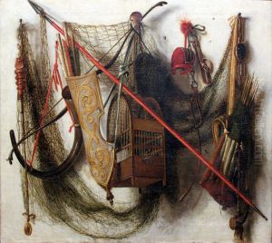 Still life with hunting weapons and devices by Johannes Leemans