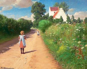 Sommerdag med legende smapiger ved Brendekilde kirke. by H. A. Brendekilde