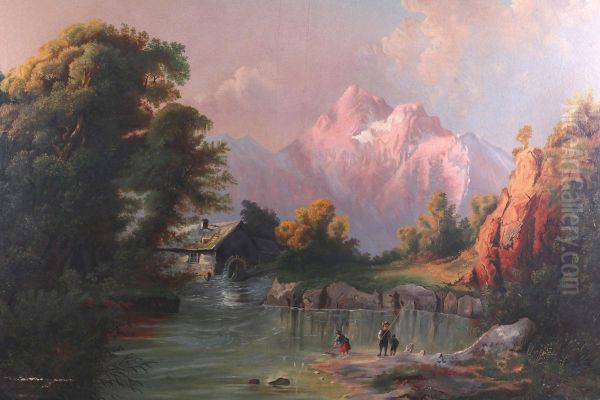 Gebirgslandschaft mit Wassermuhle und Fischern - view 1