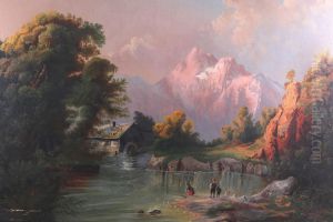 Gebirgslandschaft mit Wassermuhle und Fischern by unknown
