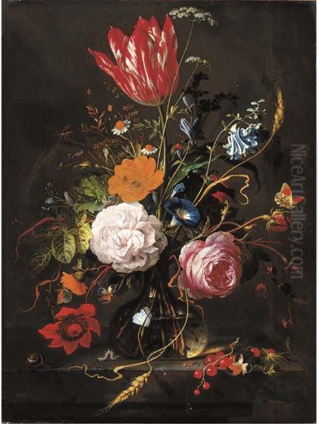 Roses, tulip, poppy, daisies, violets, morning glory, forget-me-nots, blackberries, ears of corn and other flowers with insects, in a glass vase - view 1